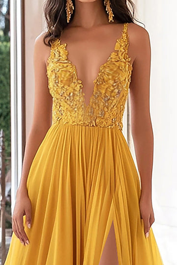 Gul Chiffon V-hals A-linje Appliqued Lang Ballkjole med Splitt